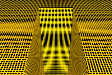 Black dots form abstract repeating pattern on metallic yellow and gold surface