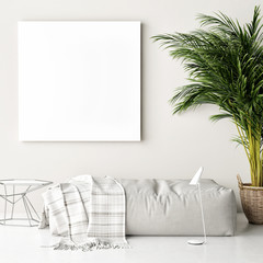 Mock up poster, sofa, palm tree, hipster background, 3d illustration, 3d rendering