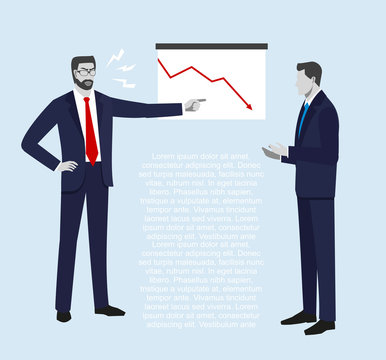 The chief shouts at the subordinate in connection with falling of sales. A businessman  or manager thinking, Down arrows, statistic financial graphic, Vector illustration.