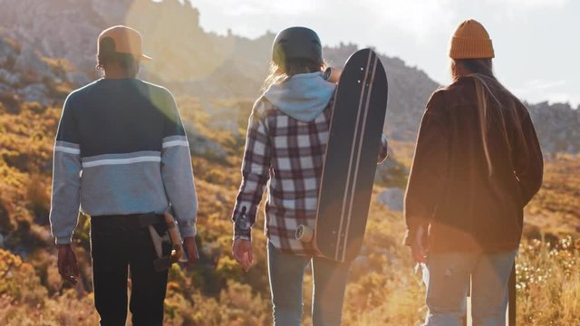 multi ethnic skater friends holding longboards hanging out together enjoying summer vacation longboarding walking on countryside road having conversation rear view
