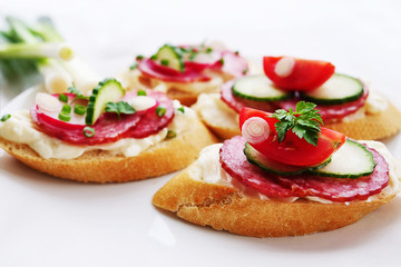 Tasty appetizers with cheese and salami over white