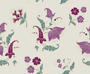 Tribal flowers seamless pattern. Indian National paisley ornament for cotton, linen fabrics. Bohemian ornament for taps. Kalamkari texture for wrapping, textile wallpapers, surface design 