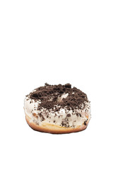 White chocolate glazed doughnut with chocolate sprinkle on top on white background. High resolution image for food industry.