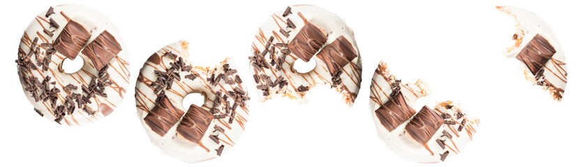 White chocolate glazed donut and chocolate topping on white background. High resolution image for food industry.