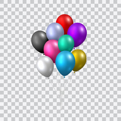 Beautiful realistic vector with a pack of colorful flying party balloons on transparent background.