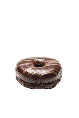 Chocolate glazed doghnut with chocolate milk lines on white background. High resolution image for food industry.