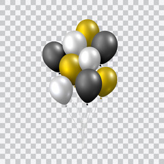 Beautiful realistic vector with a pack of golden, silver and black flying party balloons on transparent background.