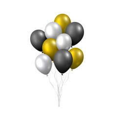 Beautiful realistic vector with a pack of golden, silver and black flying party balloons on white background.
