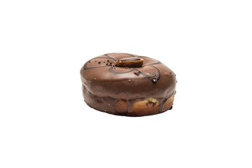 Chocolate glazed doghnut with chocolate cookie in middle on white background. High resolution image for food industry.