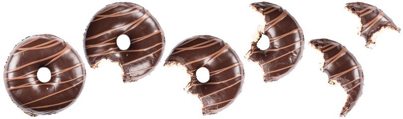 Chocolate glazed doghnut with chocolate milk lines on white background. High resolution image for food industry.