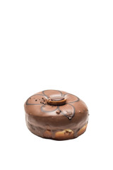 Chocolate glazed doghnut with chocolate cookie in middle on white background. High resolution image for food industry.
