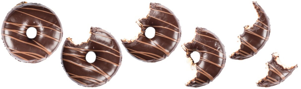 Chocolate glazed doghnut with chocolate milk lines on white background. High resolution image for food industry.