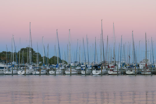 Fototapeta Sailboats at sunset at the South Yacht Basin of St. Petersburg, Florida