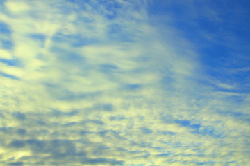 Beautiful blue sky and white cirrus clouds. Background. Landscape.