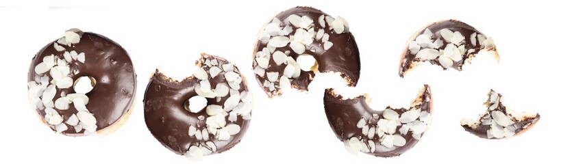 Chocolate glazed doghnut with almond flakes on white background. High resolution image for food industry.