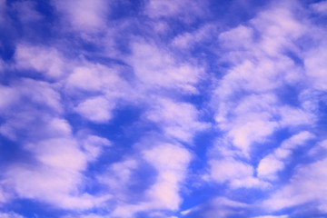 Beautiful blue sky and white cirrus clouds. Background. Landscape.