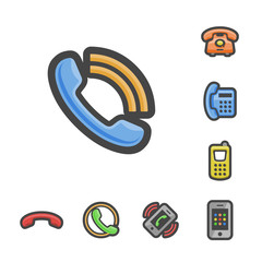 Vector basic telephone icon coloring set. Isolated communication flat symbols. Collection minimal talk service pictogram. Support graphic element.