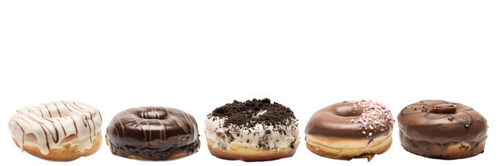 Multiple doughnuts on white background. High resolution image for food industry.