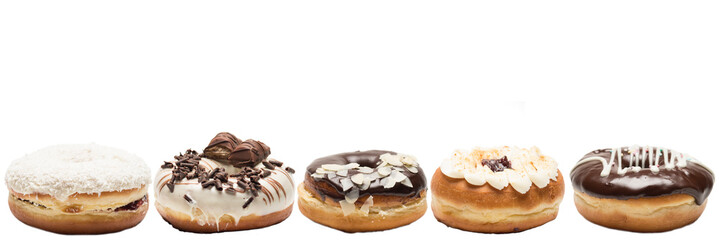 Multiple doughnuts on white background. High resolution image for food industry.