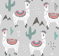 Seamless pattern with llama and cactus. vector illustration for fabric, textile,wallpaper. © neapol