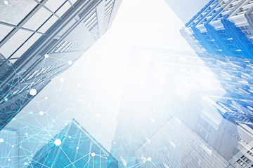 Network interface in city sky, skyscrapers