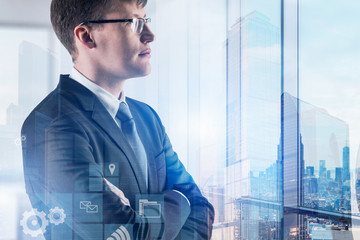 Man in panoramic office, internet interface
