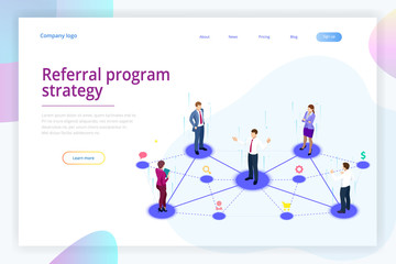 Isometric Referral marketing, network marketing, referral program strategy, referring friends, business partnership, affiliate marketing concept.