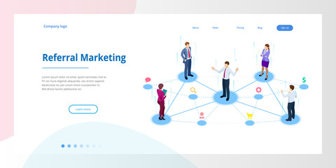 Isometric Referral marketing, network marketing, referral program strategy, referring friends, business partnership, affiliate marketing concept.