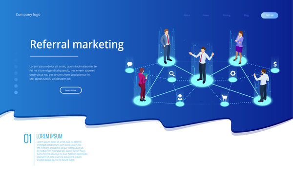 Isometric Referral Marketing, Network Marketing, Referral Program Strategy, Referring Friends, Business Partnership, Affiliate Marketing Concept.