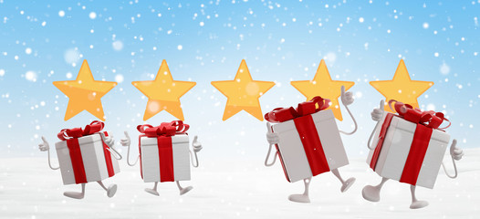 happy christmas presents jump with stars and snowflakes background 3d-illustration