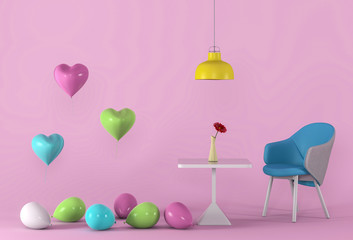 Fototapeta premium 3D render of pink studio with chair, balloon.