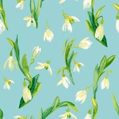 Watercolor seamless pattern with snowdrop flowers on blue background. Design for textile, packaging, wallpaper.