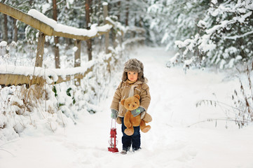 Fototapeta na wymiar Child in winter. A small, sad boy stands on a forested road in the snow, next to a wooden fence. The kid is dressed in a fur coat and a warm hat, he keeps a lantern and a teddy bear.