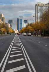 View of the financial and commercial center of Castellana Avenue in Madrid, Spain