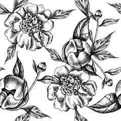 Illustration of floral pattern with black peonies, leaves. Linear  graphics, sketch, ink drawing, imitation of engraving.  Hand drawn plants,  line-art on white background. Retro, vintage flowers.