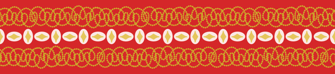 Geometric red and gold repeat seamless border, perfect for Chinese New Year designs, fashion, paper items or home decor use. Celebrate the culture of China with this pretty vector edge trimming.