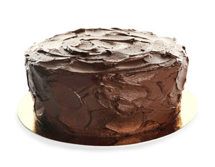 Tasty homemade chocolate cake on white background