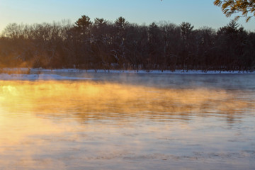 landscape with fog covered lake and trees