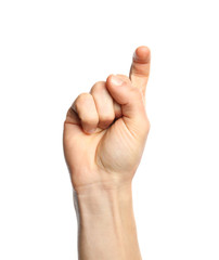 Man showing X letter on white background, closeup. Sign language