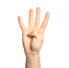 Man showing number four on white background, closeup. Sign language