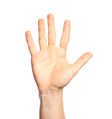 Man showing number five on white background, closeup. Sign language