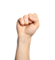 Man showing S letter on white background, closeup. Sign language