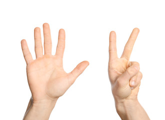Man showing sign seven on white background, closeup. Body language