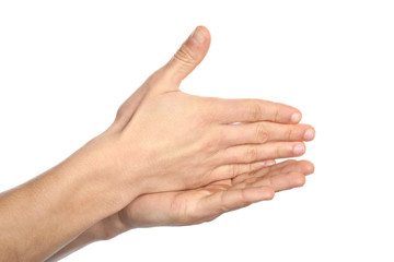 Man showing word stop on white background, closeup. Sign language