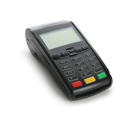 Modern payment terminal on white background. Space for text