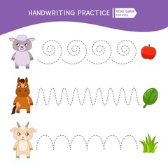 Handwriting practice sheet. Basic writing. Educational game for children.  Cartoon animal and their food.