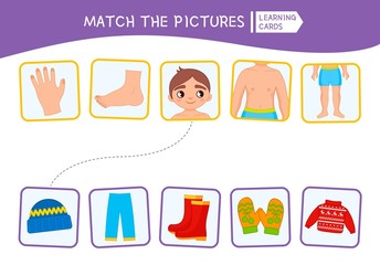 Matching children educational game. Match of body parts and clothing . Activity for pre sсhool years kids and toddlers.