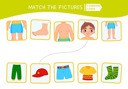 Matching children educational game. Match of body parts and clothing .  Activity for pre sсhool years kids and toddlers. Stock Vector