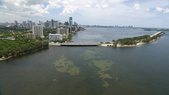 Aerial view Miami waterfront hotel condominium Rickenbacker Causeway
