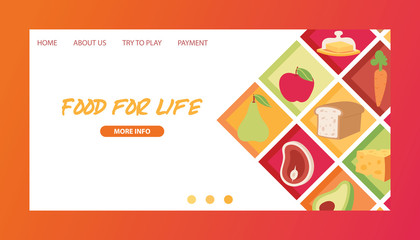 Food vector landing page meal vegetables fruits and fish sausages on web-site of supermarket or grocery illustration backdrop set of web-pages daily products background